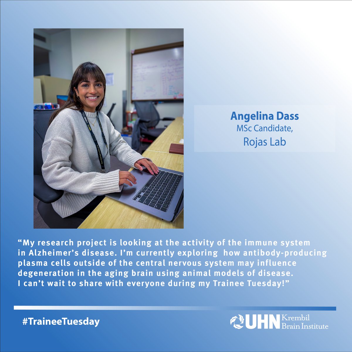 It's #TraineeTuesday! 🥼

For the next few hours we'll be following Angelina, a trainee in Dr. Olga Rojas' lab 🔬🧠

Read more about Angelina below! ⬇️

#Alzheimers #ImmuneSystem #KBI