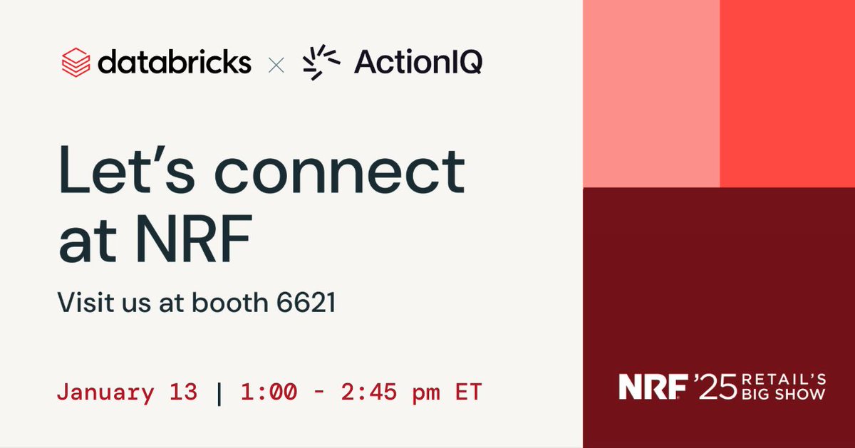 Join ActionIQ at <a href="/NRFnews/">National Retail Federation</a> Retail’s Big Show in NYC! Register now and stop by the <a href="/databricks/">Databricks</a> Booth (#6521) on Monday, January 13, 1:00–2:45 PM ET for a live demo of our AI-powered CDP in action.

Schedule time here:
hubs.li/Q031sLnP0
#NRF2025