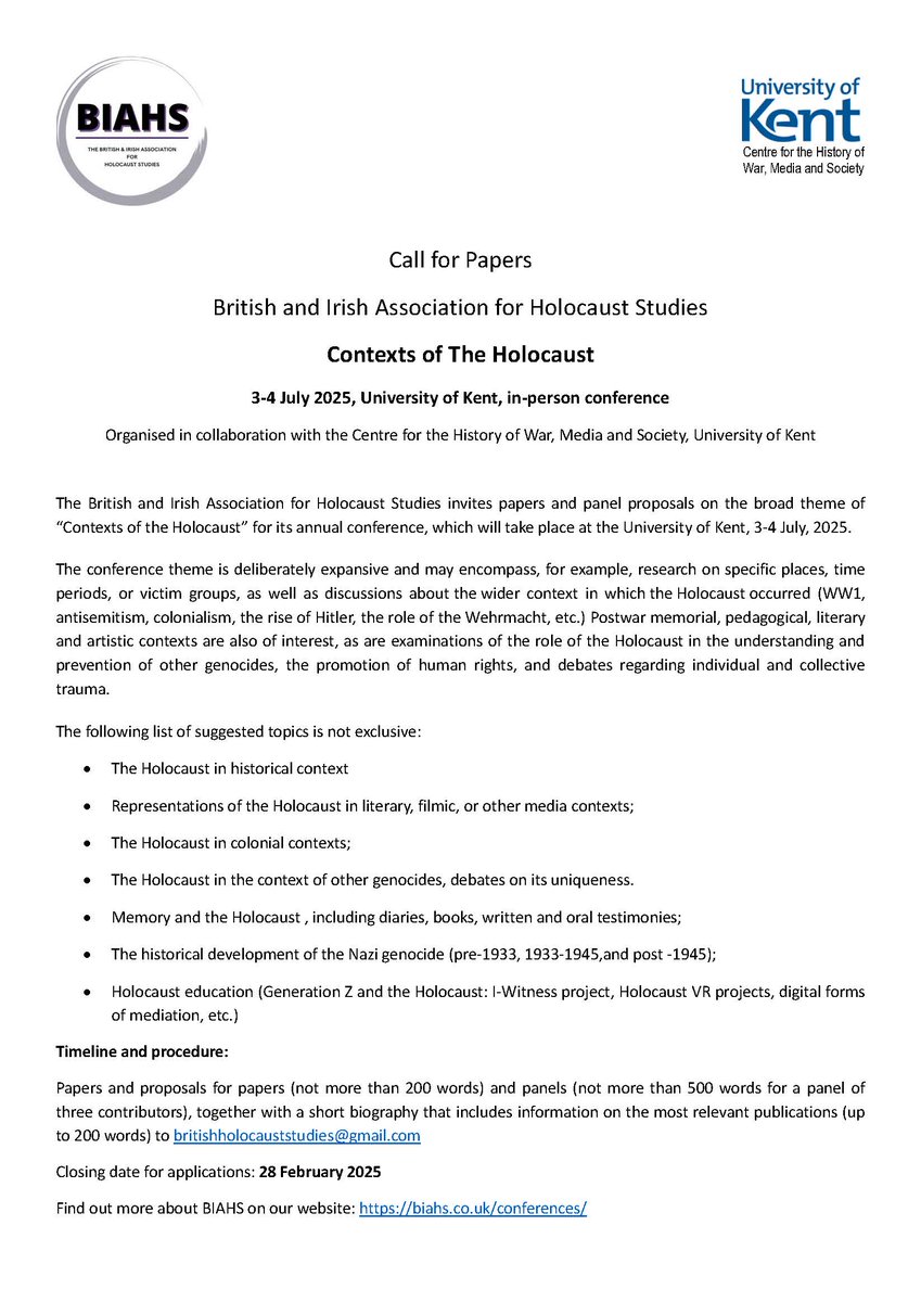 War, Media & Society (@wms_unikent) on Twitter photo 📣 CALL FOR PAPERS 📣
'Contexts of the Holocaust', a conference co-organised by <a href="/_BIAHS_/">British & Irish Association for Holocaust Studies</a> and <a href="/WMS_UniKent/">War, Media & Society</a>, will take place on 3-4 July 2025.
Closing date for abstracts is 28th February - find more info at biahs.co.uk/conferences/ 📣 CALL FOR PAPERS 📣
'Contexts of the Holocaust', a conference co-organised by <a href="/_BIAHS_/">British & Irish Association for Holocaust Studies</a> and <a href="/WMS_UniKent/">War, Media & Society</a>, will take place on 3-4 July 2025.
Closing date for abstracts is 28th February - find more info at biahs.co.uk/conferences/