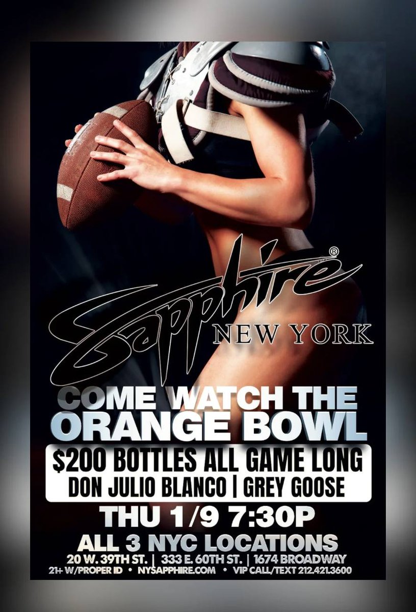 🏈 Orange Bowl Night is here!
Catch all the action on Thursday, January 9th, at 7:30 PM.
🔥 Game Night Specials:
$200 bottles of Don Julio or Grey Goose all game long!

📞 Call/Text 212.421.3600 now to reserve your table!
nysapphire.com/contact-sapphi…

#nycnightlife #nycparty