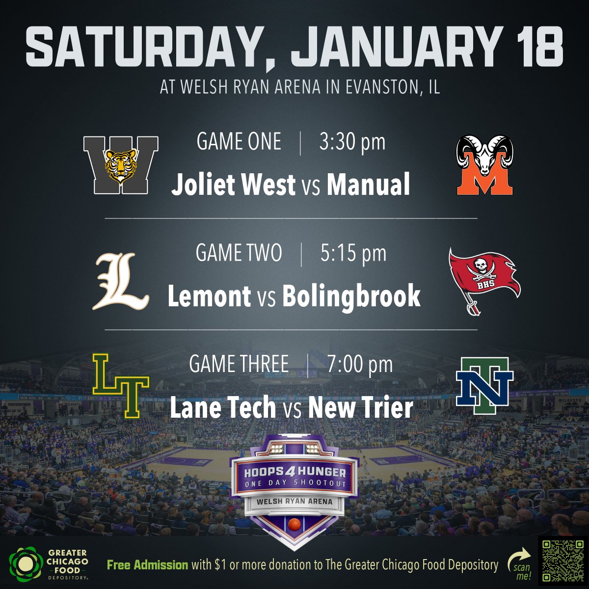 Christian Sotos (@coachsotos) on Twitter photo 🏀 Excited to announce the Hoops 4 Hunger One Day Shootout at Welsh-Ryan Arena next Saturday, January 18! 🚨
Six teams. Three games. All for a great cause! 🙌 See you there!
#Hoops4Hunger
<a href="/CoachKreiger/">Coach Kreiger</a> <a href="/PeoriaManual/">Peoria Manual High School Boys Basketball</a> <a href="/lemontbasketba1/">Lemont Basketball</a> <a href="/brookhoops/">Robert Brost</a> <a href="/LaneTechHoops/">Lane Tech Basketball</a> <a href="/NewTrierBBB/">New Trier Boys Hoops</a> 🏀 Excited to announce the Hoops 4 Hunger One Day Shootout at Welsh-Ryan Arena next Saturday, January 18! 🚨
Six teams. Three games. All for a great cause! 🙌 See you there!
#Hoops4Hunger
<a href="/CoachKreiger/">Coach Kreiger</a> <a href="/PeoriaManual/">Peoria Manual High School Boys Basketball</a> <a href="/lemontbasketba1/">Lemont Basketball</a> <a href="/brookhoops/">Robert Brost</a> <a href="/LaneTechHoops/">Lane Tech Basketball</a> <a href="/NewTrierBBB/">New Trier Boys Hoops</a>