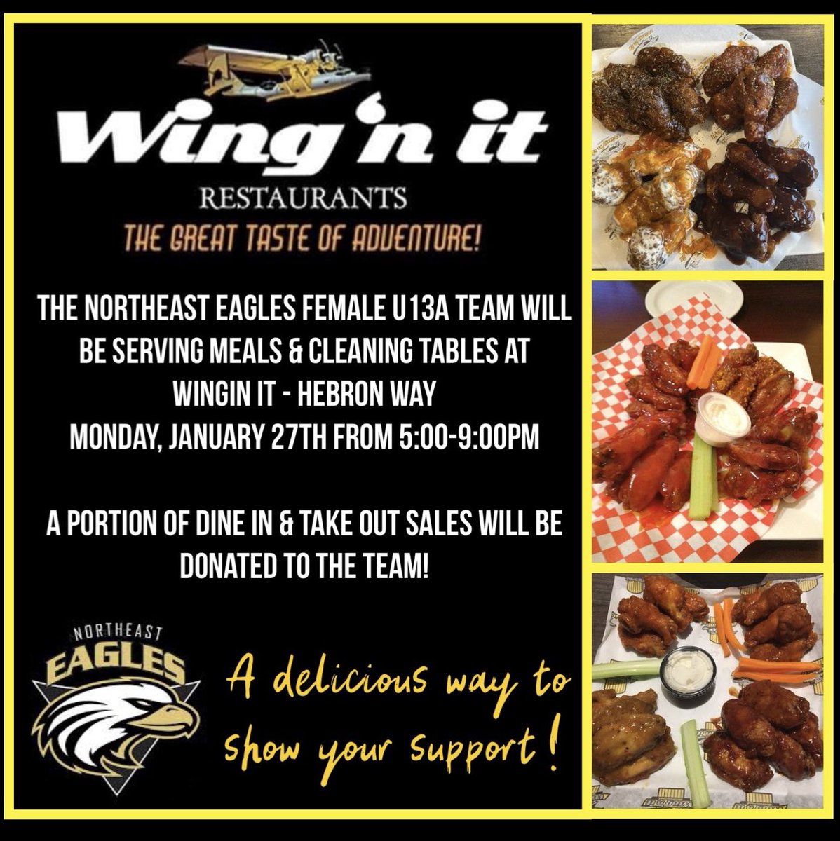 Mark your Calendars 🗓️ The Female U13A Eagles are going to be serving up some delicious meals in just 3 short weeks! Be sure to stop by Hebron Way Wingin It (Eat In/Take Out) to show your support on January 27! 💛🦅