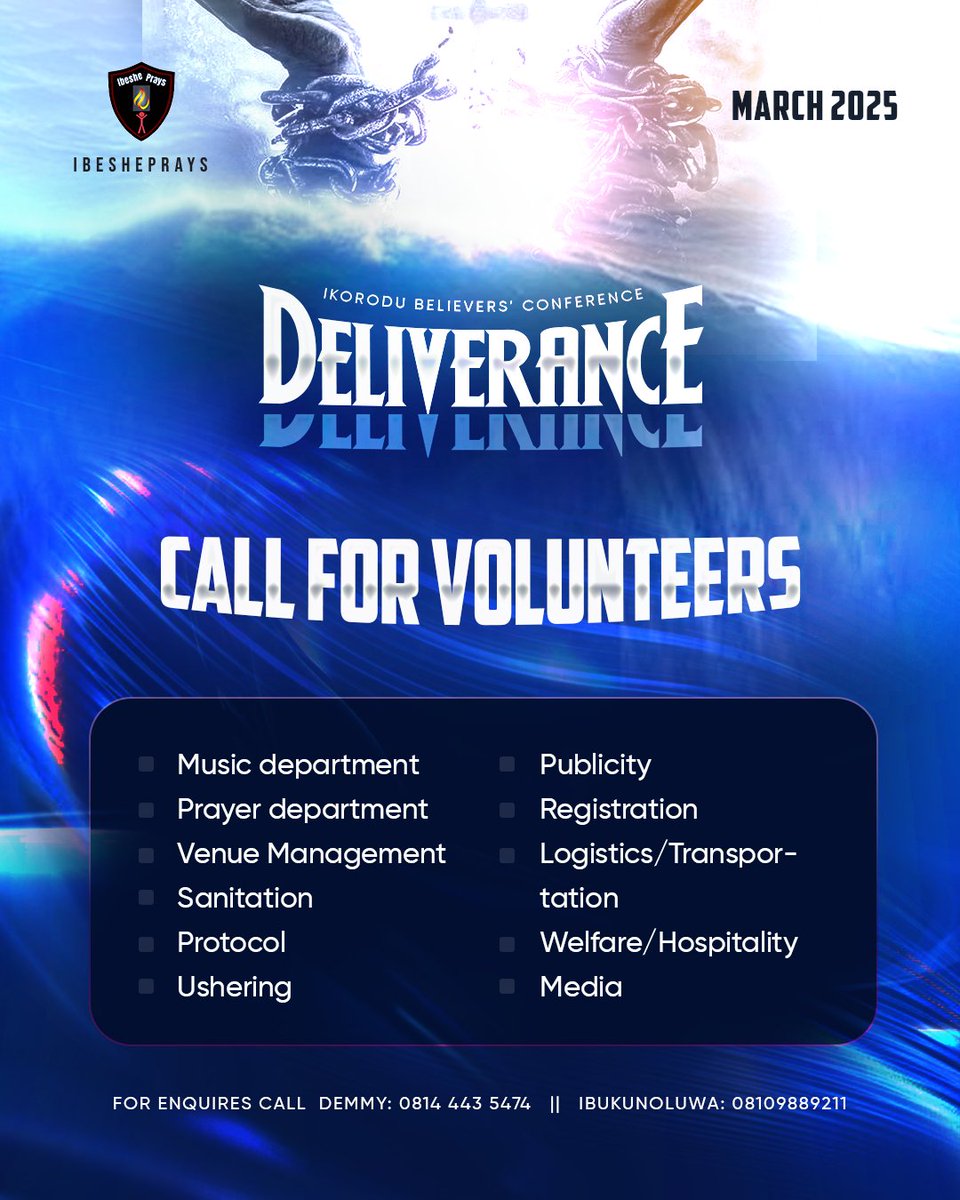 1SoakingChannel's tweet photo. 1000 Believers will be Gathering in Ikorodu: The Trump of the Lord Has Sounded!

Join us for "Deliverance" 3  days of Intercession.

For giving or volunteering, please check the slides for details or call: 
 Demmy: 08144435474
Ibukunoluwa: 08109889211 https://t.co/iSAGucz9Ft