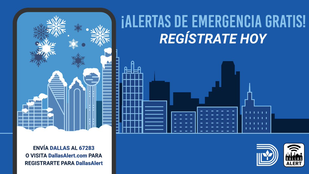 📲🌨️ ¡Manténgase informado durante el clima inclemente! Regístrese a DallasAlert para recibir notificaciones sobre emergencias y clima severo. Esté listo para protegerse a usted y su familia. Regístrese aquí: DallasAlert.com . #DallasAlert
