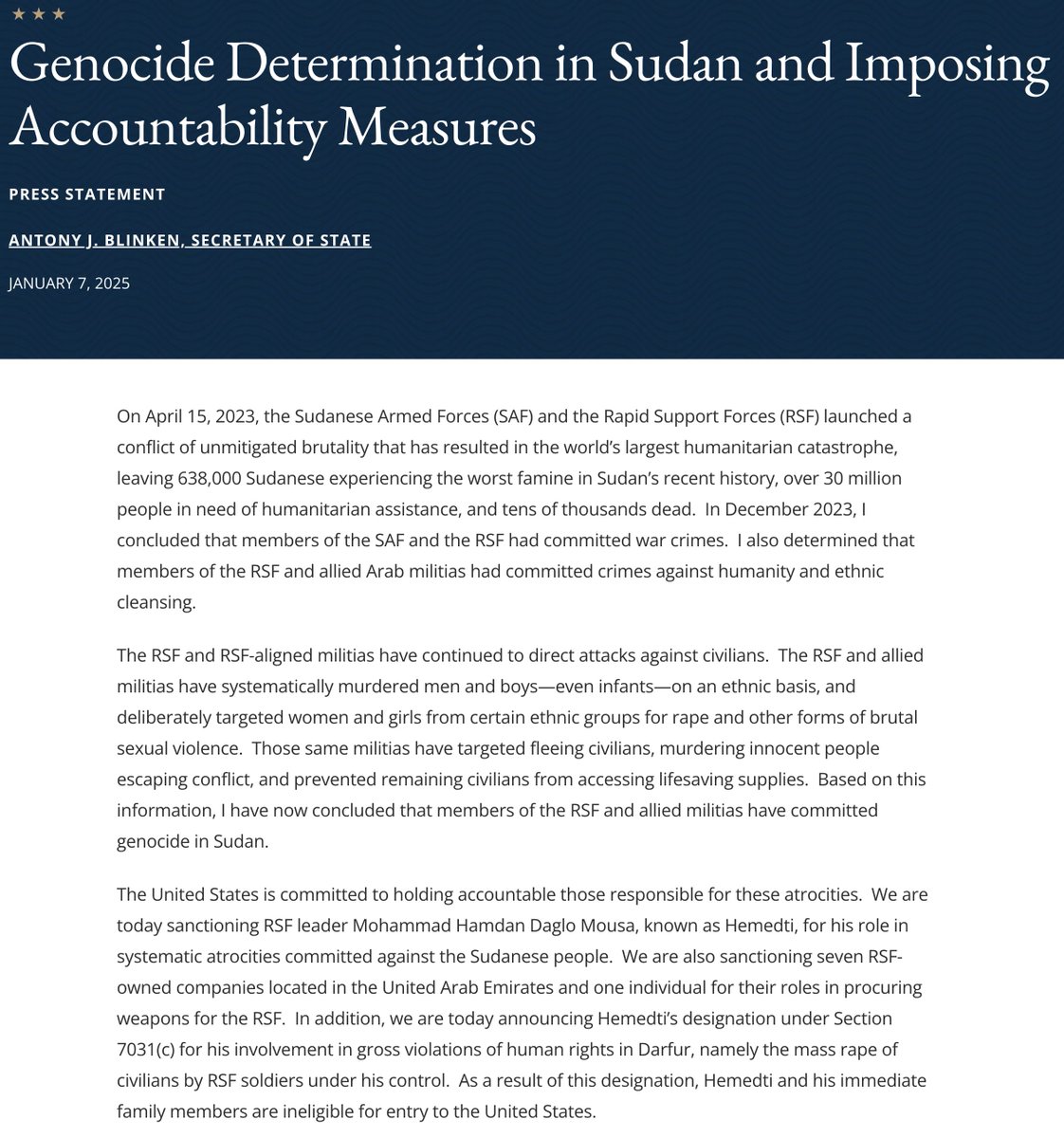 A few reflections on today's announcement from the Biden Administration on #Sudan. First, the question of is it too little too late? The answer is yes and no. Yes, for the Biden Admin. It's too late to fix a failed (non-existent) Sudan policy and its too late to get on the right