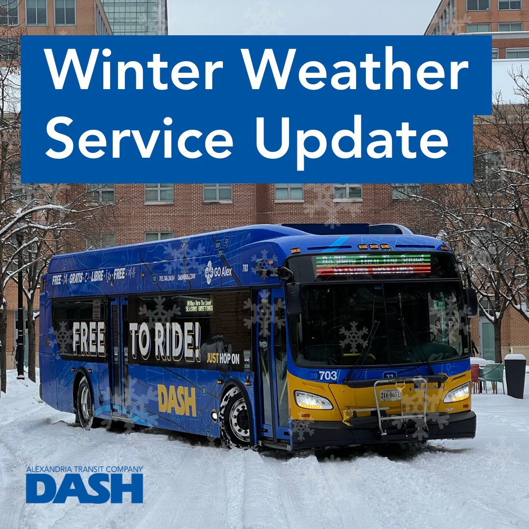 DASH Bus (@dashbus) on Twitter photo Effective 1 PM, Tuesday, Jan 7, DASH will resume regular routes, lifting snow route detours. Saturday schedule continues for for rest of day.
For real-time service updates, visit dashbus.com/alert-list
<a href="/ZebraAlexandria/">The Zebra Press--GOOD News in Alexandria, VA</a> @wtopnews <a href="/AlexandriaNow/">ALXnow</a> <a href="/fox5dc/">FOX 5 DC</a> <a href="/DCNewsNow/">DC News Now</a> <a href="/nbcwashington/">NBC4 Washington</a> Effective 1 PM, Tuesday, Jan 7, DASH will resume regular routes, lifting snow route detours. Saturday schedule continues for for rest of day.
For real-time service updates, visit dashbus.com/alert-list
<a href="/ZebraAlexandria/">The Zebra Press--GOOD News in Alexandria, VA</a> @wtopnews <a href="/AlexandriaNow/">ALXnow</a> <a href="/fox5dc/">FOX 5 DC</a> <a href="/DCNewsNow/">DC News Now</a> <a href="/nbcwashington/">NBC4 Washington</a>