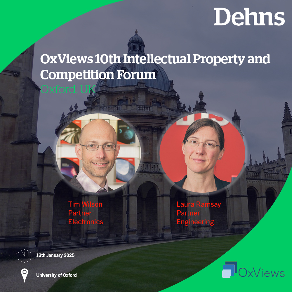 Dehns Electronics Partner Tim Wilson and Dehns Engineering Partner Laura Ramsay are attending @OxViews 10th Intellectual Property and Competition Forum. Tim will also be speaking at the event on the topic of “IP and AI”. Click here to find out more: bit.ly/4aaEstq