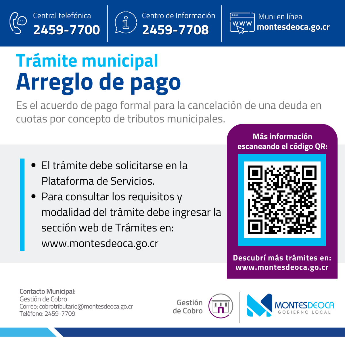 #TrámiteMunicipal Si tiene inconvenientes para cumplir con el pago municipal 👉 puede acercarse a la Muni para que le brindemos opciones para ponerse al día con sus obligaciones, mediante un arreglo de pago.

✅El trámite debe solicitarse en la Plataforma de Servicios.