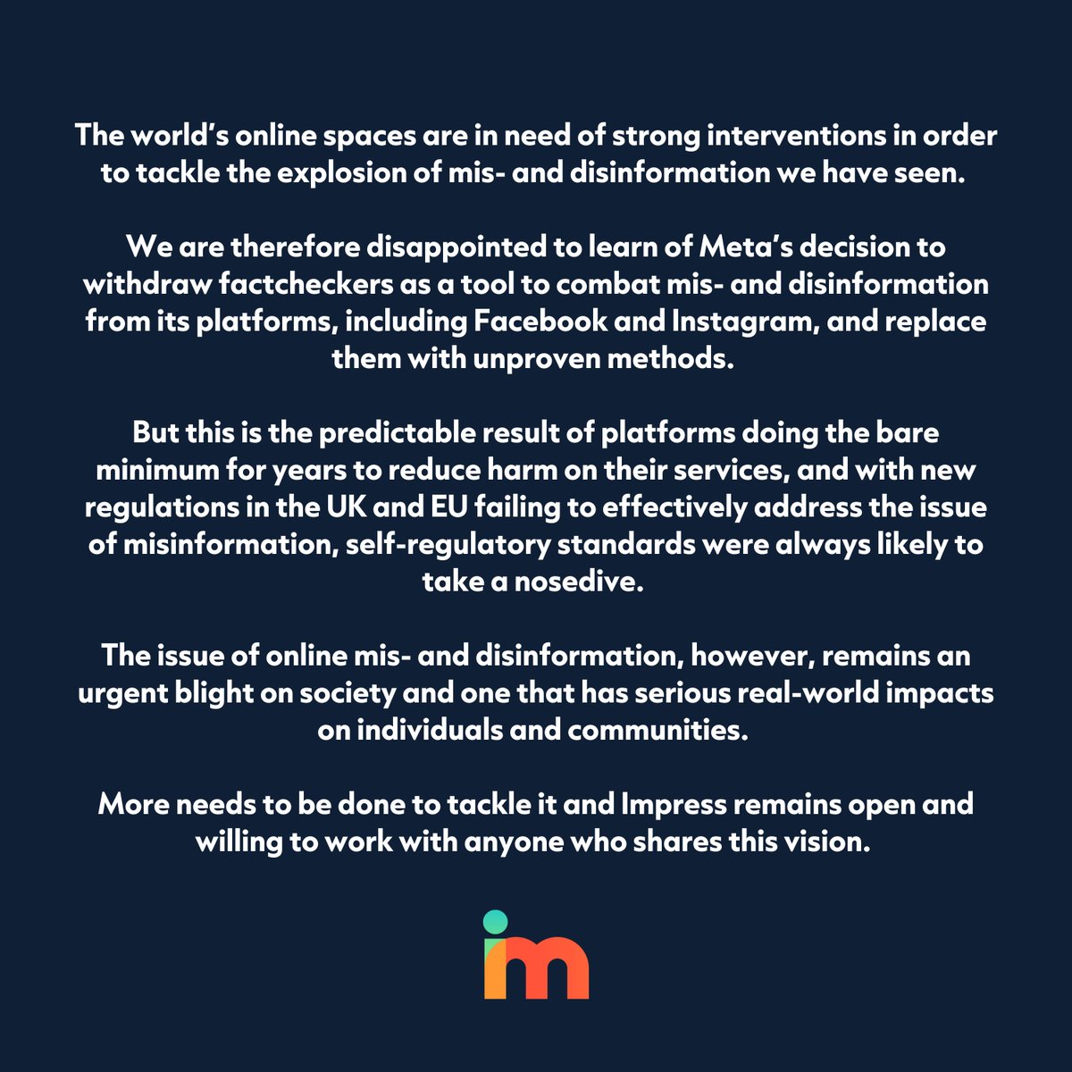 Mark Zuckerberg's decision to remove factcheckers from Meta risks exacerbating the explosion of misinformation and disinformation we have seen in recent years.

The world’s online spaces need strong interventions, not weaker ones.

Our full statement👇