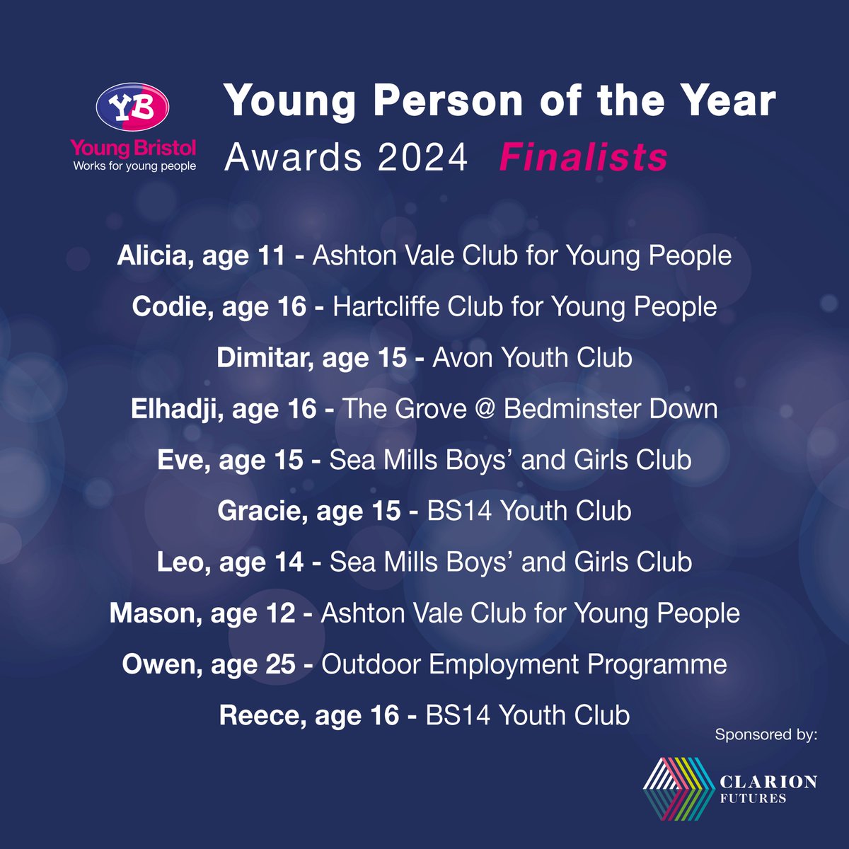 YB are proud to announce the 10 finalists for our 'Young Person of the Year' Award 2024!📣

The 'Young Person of the Year' award recognises the amazing achievements of young people across the city, that attend our sessions and programmes.🏆

Read more ⬇️
youngbristol.com/news-article/y…