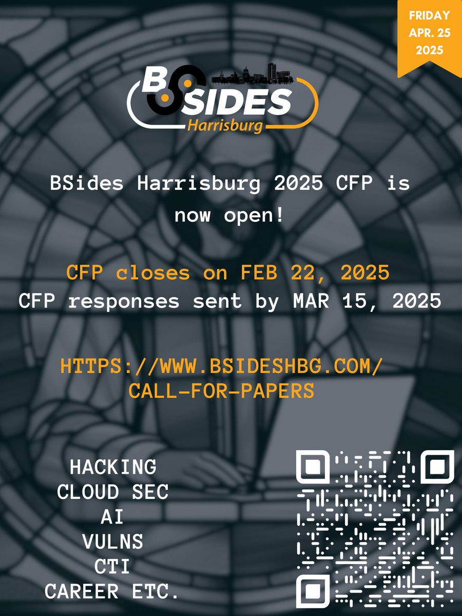 🚨 Reminder: The CFP for #BSidesHBG is still open.

Submit your talks and demos by FEB 22, 2025. 

CFP responses will be sent out by MAR 15 2025.  

Submit your CFP here: bsideshbg.com/call-for-papers 

#BSides #BSidesHBG