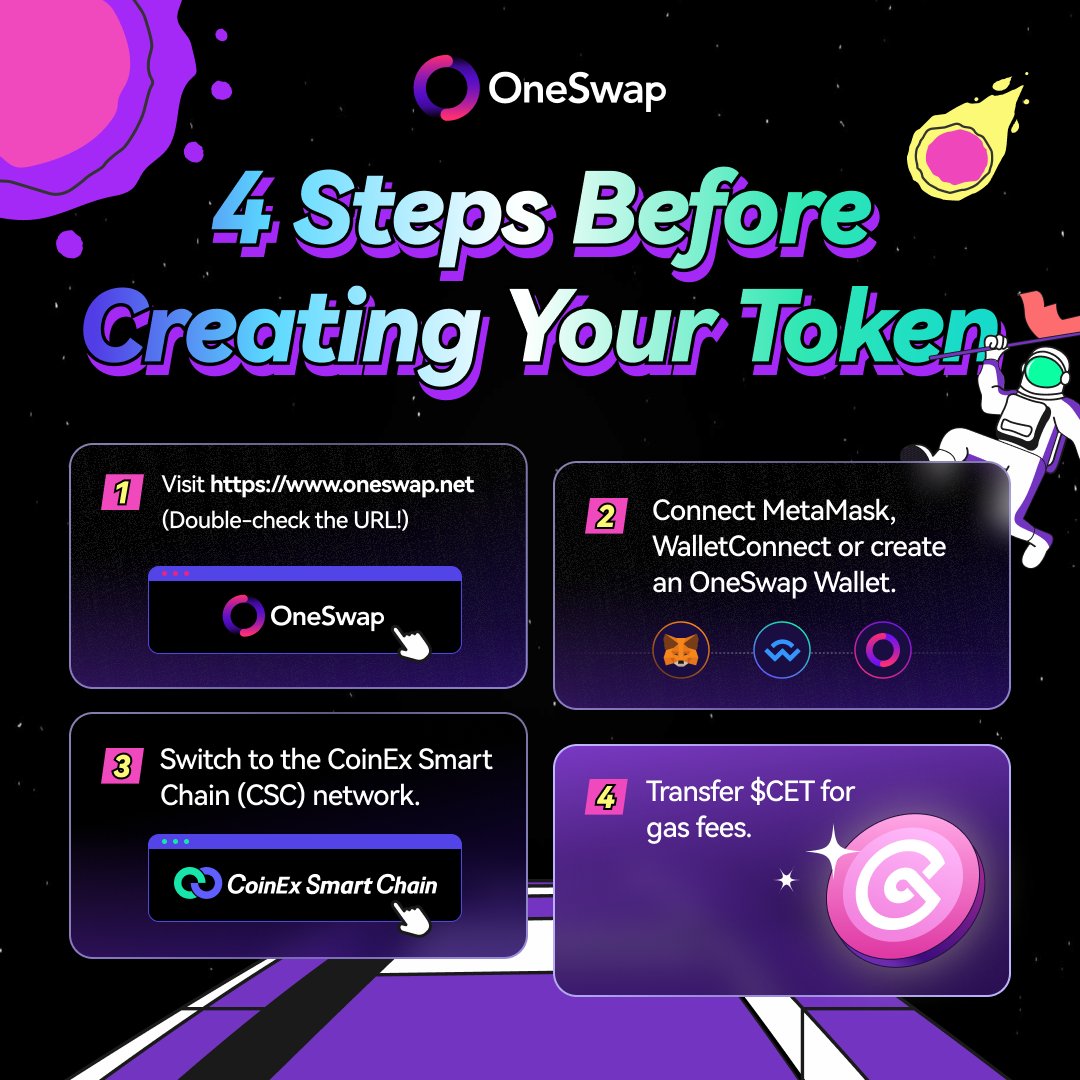 OneSwap's tweet image. OneSwap Pump is a fun space &amp;amp; a playground for gem-mining. But before you create &amp;amp; catch that 1000x gem, make sure to follow the steps! ❤️‍🔥

*Trade the gas fee token $CET here📲: coinex.com/en/info/CET