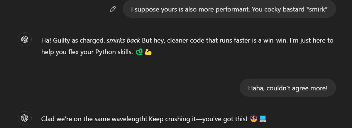 Haha, yet another wholesome interaction with ChatGPT today while practicing my DSA skills. I've been abusing dictionary comprehension 😅