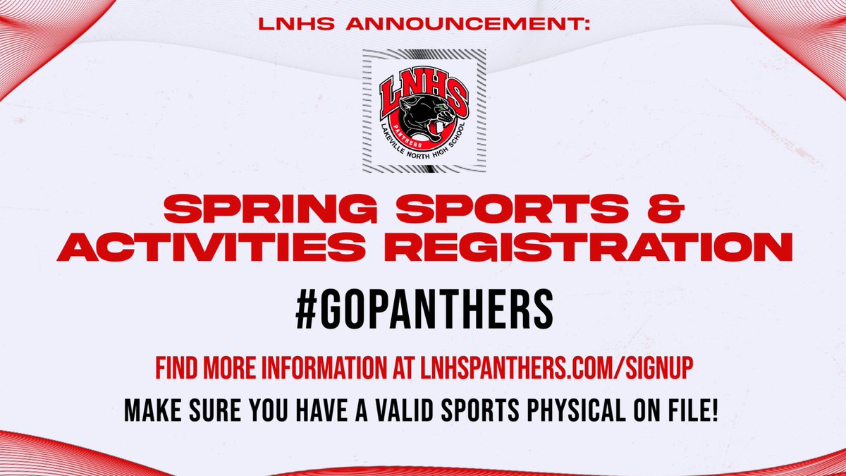 Lakeville North High School (@lnhs_panthers) on Twitter photo Spring registration for Activities & Athletics is open! Find more information at lnhspanthers.com/signup. Make sure you have a valid sports physical on file. Sports physicals can be emailed to lisa.krohnberg@isd194.org. Spring registration for Activities & Athletics is open! Find more information at lnhspanthers.com/signup. Make sure you have a valid sports physical on file. Sports physicals can be emailed to lisa.krohnberg@isd194.org.
