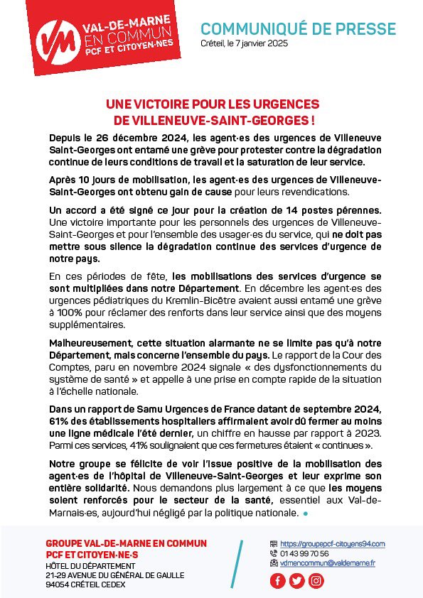 🔴 Une victoire pour les urgences de Villeneuve-Saint-Georges !
✊ Après 10 jours de mobilisation, les agent•es des urgences de Villeneuve-Saint-Georges ont gagné !

➕ 14 postes pérennes promis selon le protocole signé ce jour au CHIV.
