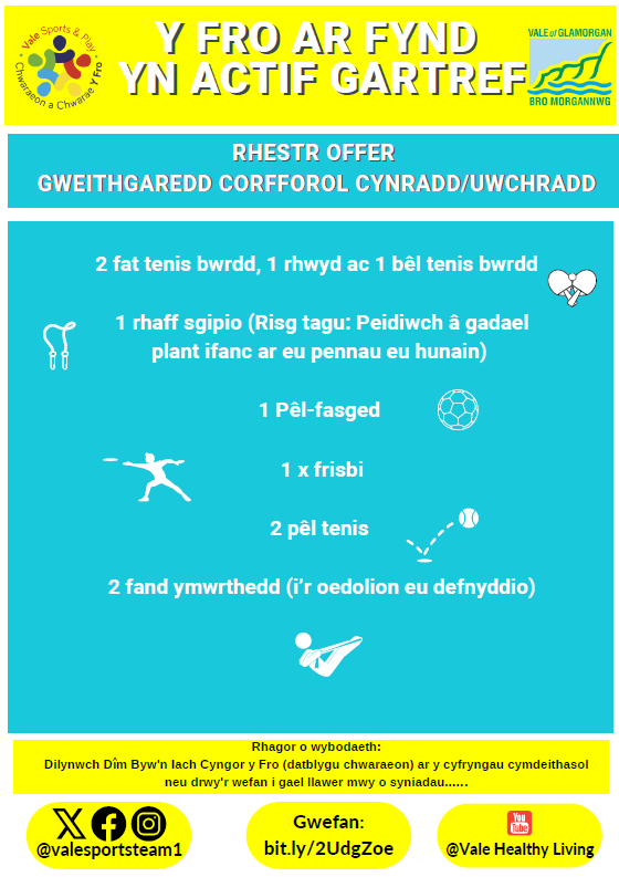 🏀🏓🎾 Bagiau benthyg chwaraeon AM DDIM ar gael yn llyfrgell Penarth, Y Barri, Dinas Powys a'r Rhws 

🎾 Bagiau tenis ar gael yn llyfrgelloedd y Barri a Gwenfô @tenniswalesinthepark

📚 Dim ond cerdyn llyfrgell sydd ei angen arnoch i fenthyg yr offer!