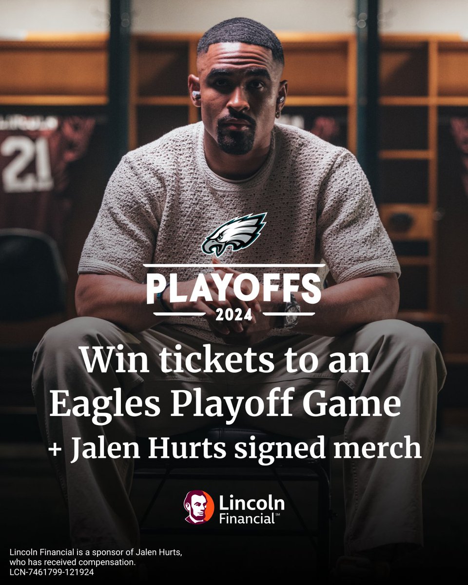 Lincoln Financial (@lincolnfncl) on Twitter photo The Philadelphia <a href="/Eagles/">Philadelphia Eagles</a>’ postseason is on the horizon, and we’re giving away tickets to this weekend’s playoff game along with signed <a href="/JalenHurts/">Jalen Hurts</a> merchandise. #Sweepstakes The Philadelphia <a href="/Eagles/">Philadelphia Eagles</a>’ postseason is on the horizon, and we’re giving away tickets to this weekend’s playoff game along with signed <a href="/JalenHurts/">Jalen Hurts</a> merchandise. #Sweepstakes