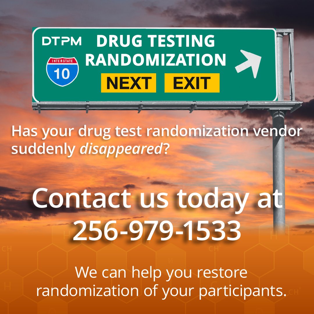 dtpmonline's tweet image. Has your drug test randomization vendor disappeared?
DTPM can help you quickly restore participant randomization.
We support call-in and web check-in for groups or individual participants.
 Call 256-979-1533 or email sales@dtpm.com today!
#testday #randomization #drugtest