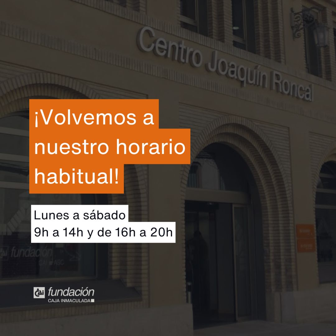 😄 ¡Estamos de vuelta!

Nuestro Centro Joaquín Roncal vuelve a abrir en su horario habitual para seguir ofreciendo las mejores exposiciones, proyecciones y eventos. 

¿Ya sabes cuándo nos vas a visitar?

#fundacioncai #cai #joaquinroncal #zaragoza #horario