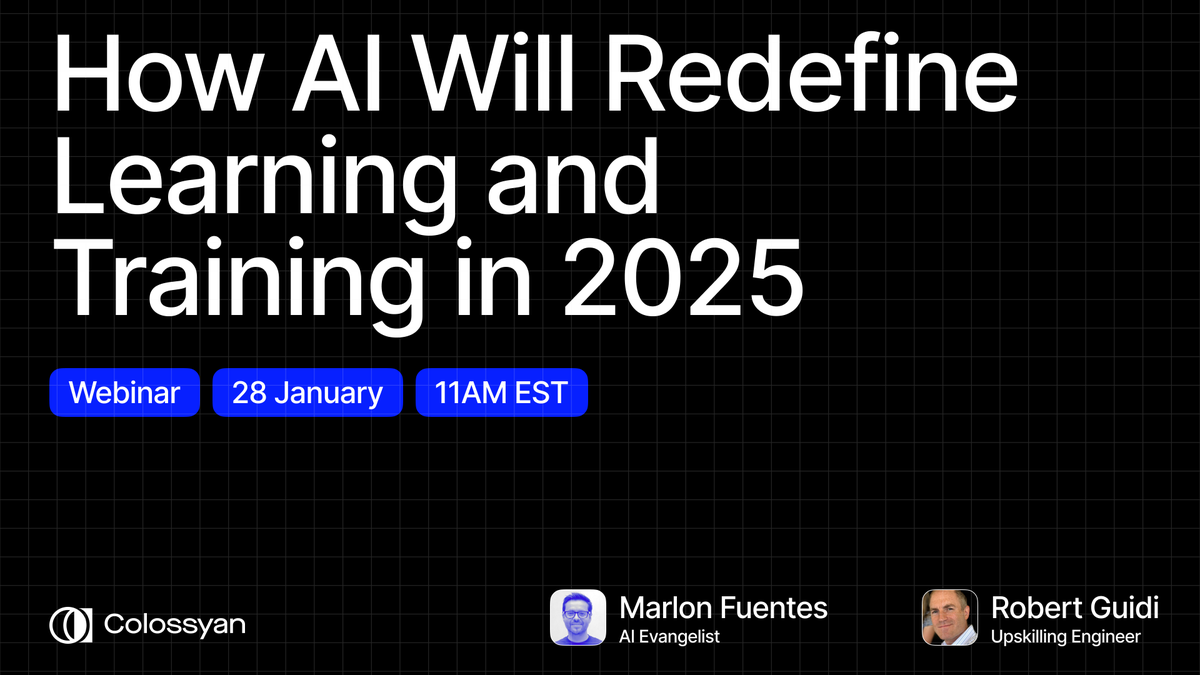 Transform how your organization supports learners with Generative AI 💡

Join Robert Guidi, author of "ChatL&amp;D: The Future of Learning", &amp; Marlon Fuentes, AI Evangelist at Colossyan, to learn how AI is redefining the learner experience. Save your spot: webinars.colossyan.com/ref/SYCH6YFCdE…