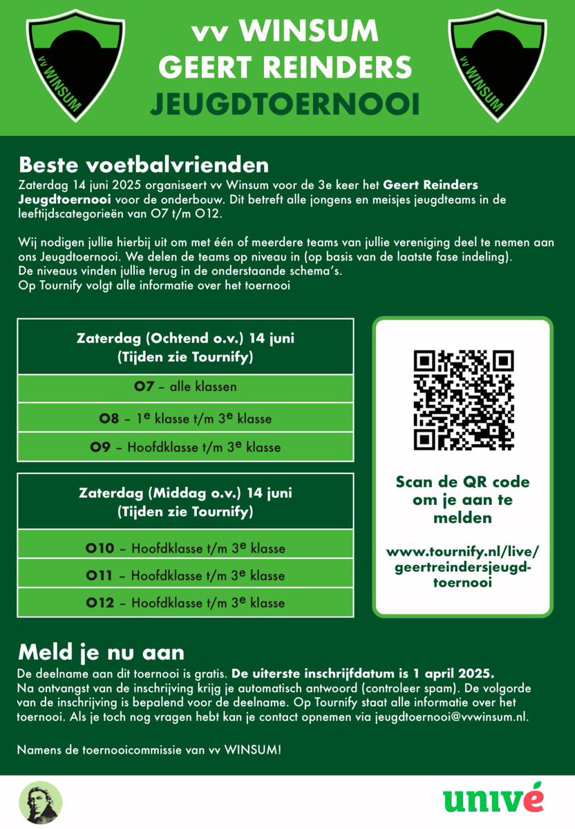 Op 14 juni 2025 vindt het vv Winsum Geert Reinders Jeugdtoernooi weer plaats! 🏆

Nog niet aangemeld? Doe dit dan alsnog via: tournify.nl/live/geertrein…

Voor meer info zie website en flyer.

Het belooft weer een prachtige dag te worden! ☀️ ⚽️