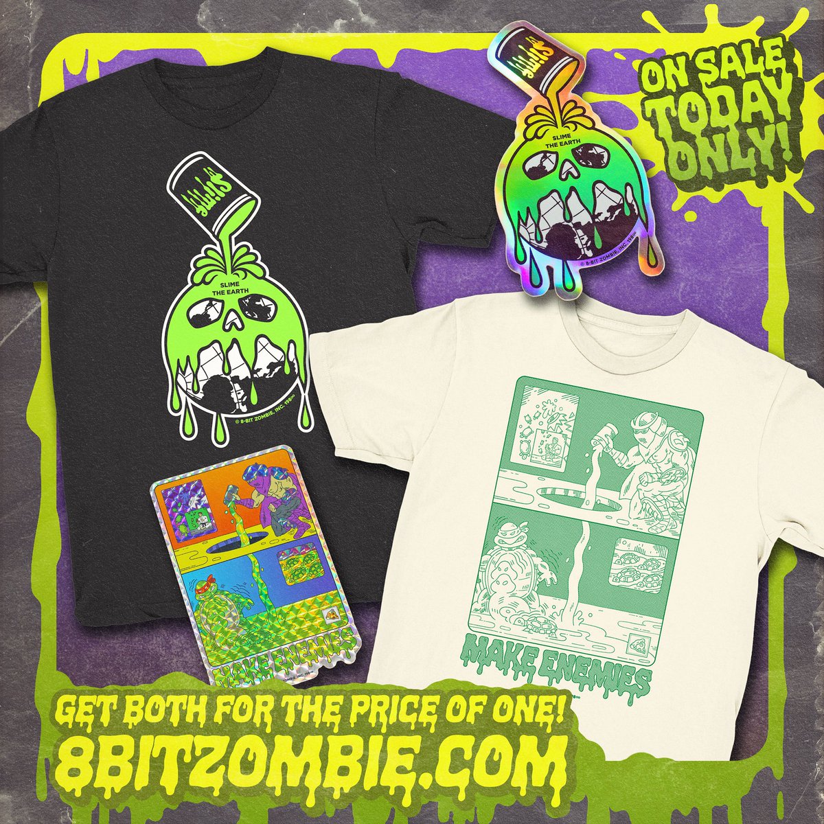 Tuesday? More like OOZEday! Today only grab both of these slimey tees for the price of just one! That’s right both are half off. Don’t miss out, get gross and save some green before this sale ends tonight:
🧪8BITZOMBIE.COM🧪