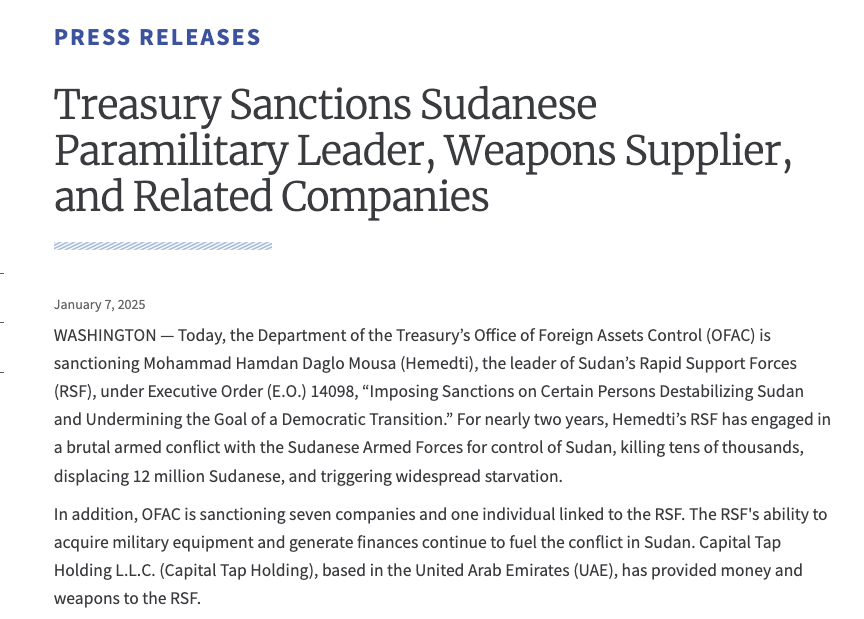 Today the US has sanctioned Hemedti, leader of Sudan's Rapid Support Forces, along with several linked companies that support the RSF through arms and finance.  

The RSF has been responsible for horrific events across Darfur and across Sudan.