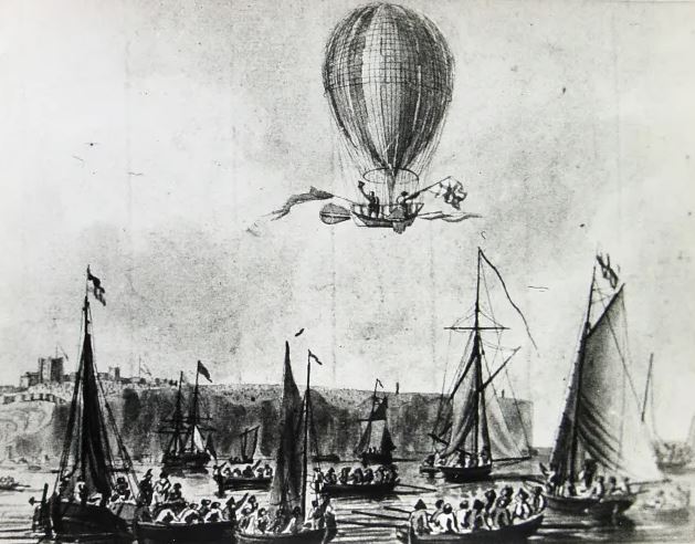 Jean-Pierre Blanchard &amp; John Jeffries made the first balloon flight across the English Channel on January 7, 1785. The flight took about 2.5 hours and covered the distance from Dover Castle, England to Guînes, France.