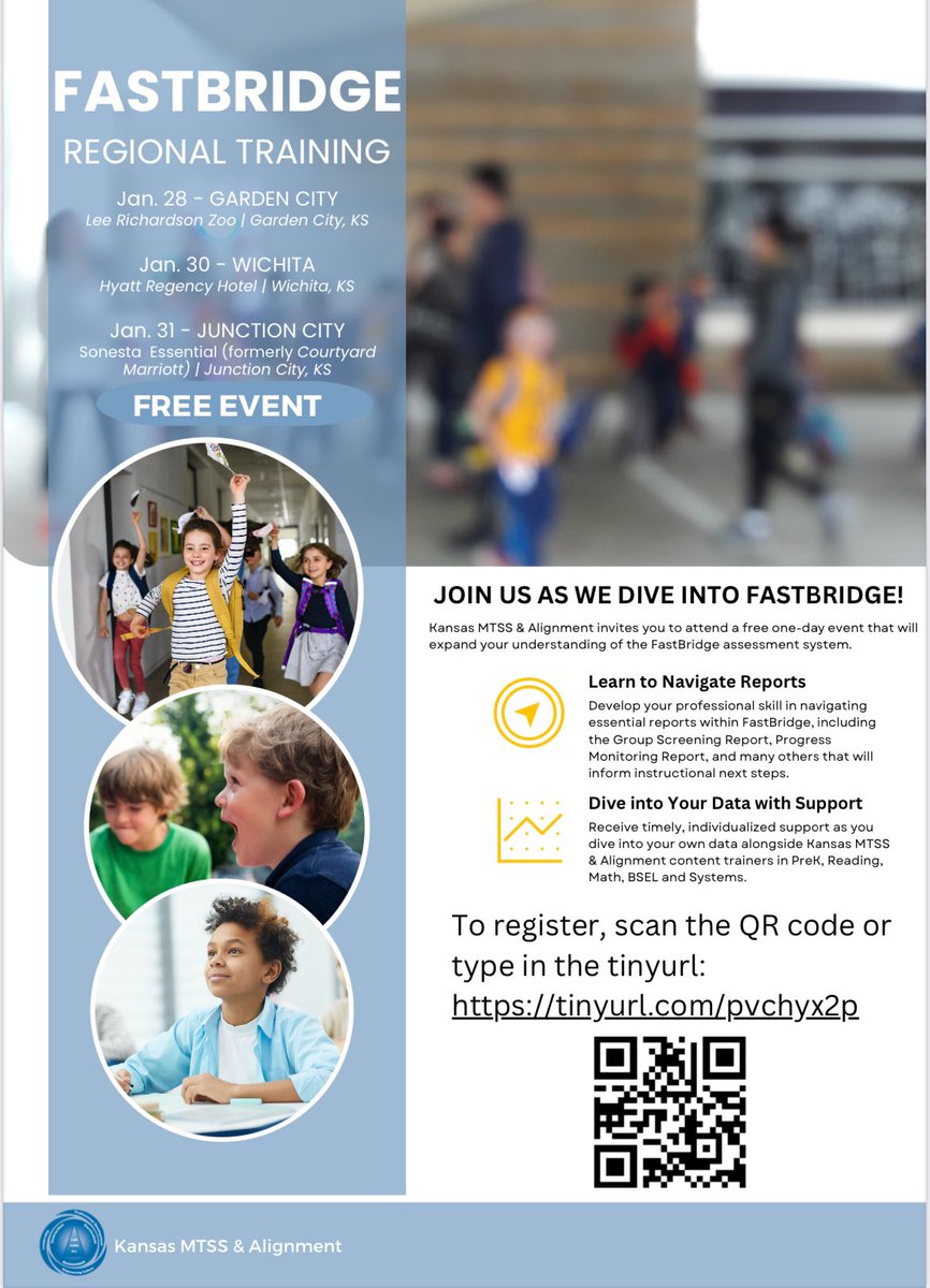 Ks Multi-Tier System of Supports and Alignment (@ksmtss) on Twitter photo Join us to learn about reports that inform instr. after winter screening! <a href="/FastBridgeLearn/">FastBridge, an Illuminate Education company</a> will be onsite for Qs. Lunch provided. Registration closes Jan. 14th. Contact
Vicki@kansasmtss.org with Qs! Join us to learn about reports that inform instr. after winter screening! <a href="/FastBridgeLearn/">FastBridge, an Illuminate Education company</a> will be onsite for Qs. Lunch provided. Registration closes Jan. 14th. Contact
Vicki@kansasmtss.org with Qs!