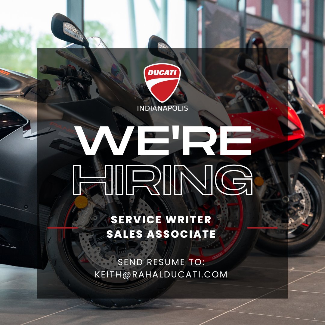 📣 Join our team at Rahal Ducati Indianapolis!
We're hiring:
🏍️ Service Writer 
🏍️ Sales Associate 
📧 Send your resume to keith@rahalducati.com
📍 10850 Creek Way, Zionsville, IN
Let’s ride into an exciting career together! 🚦
#NowHiring #DucatiJobs #MotorcycleCareers
