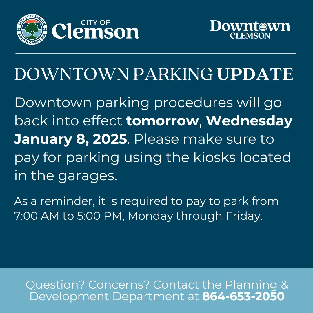 🚗 Downtown Parking Update 🚗 

Downtown parking procedures will go back into effect tomorrow, Wednesday January 8, 2025. Please make sure to pay for parking using the kiosks located in the garages.