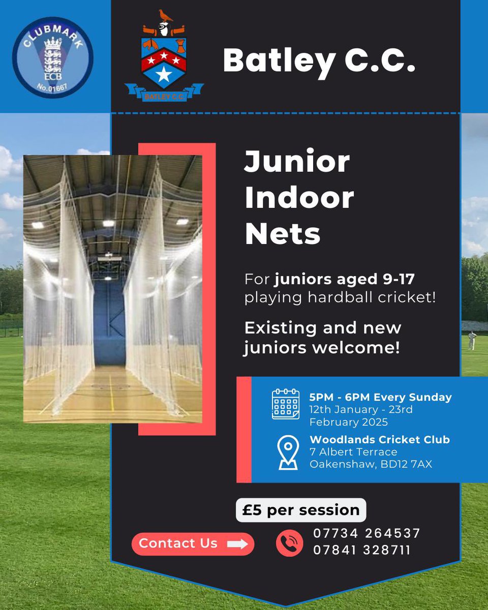 Junior Indoor Nets!
For juniors aged 9-17 playing hardball cricket!
Existing and new juniors welcome!