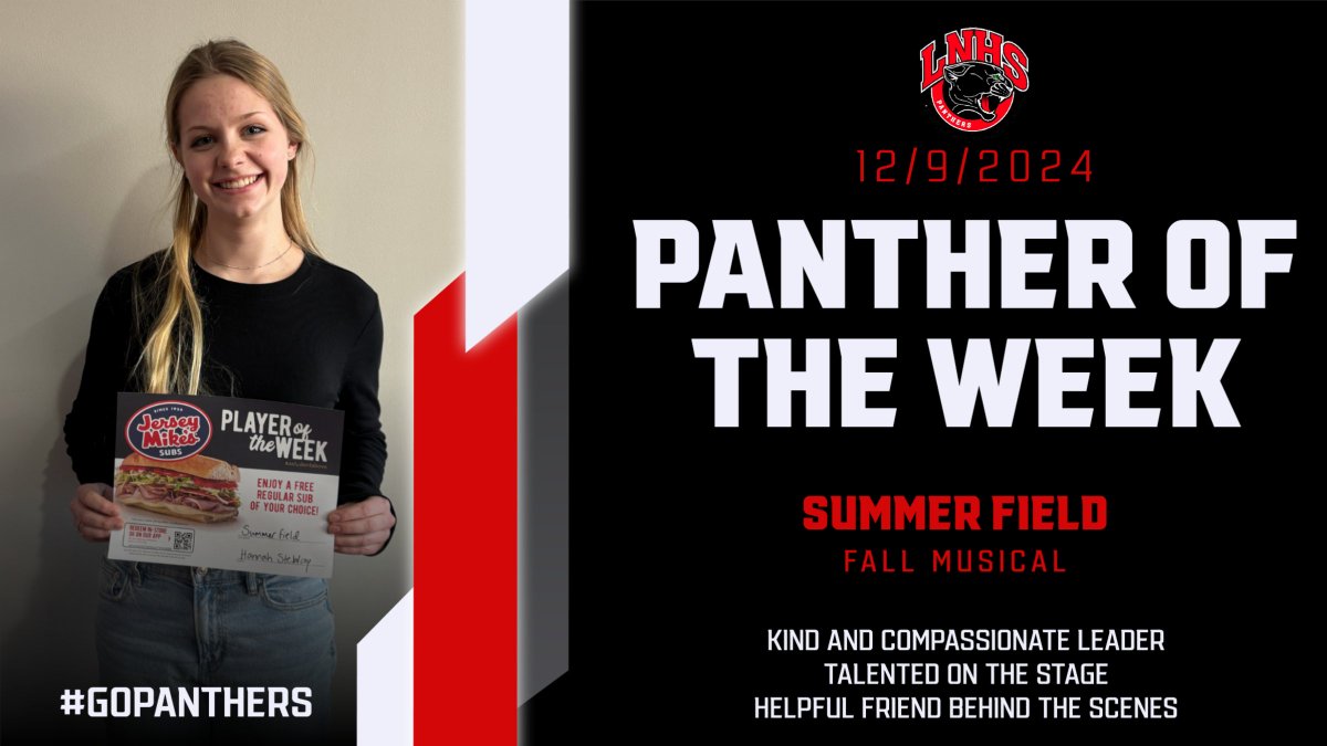 Lakeville North High School (@lnhs_panthers) on Twitter photo Catching up from December - today we're celebrating our 12/9 <a href="/jerseymikes/">Jersey Mike's Subs</a> Panther of the Week, Summer Field! Summer starred in drama's fall musical. She is a kind and compassionate leader, a talent on the stage, and a helpful friend behind the scenes. #astudentabove Catching up from December - today we're celebrating our 12/9 <a href="/jerseymikes/">Jersey Mike's Subs</a> Panther of the Week, Summer Field! Summer starred in drama's fall musical. She is a kind and compassionate leader, a talent on the stage, and a helpful friend behind the scenes. #astudentabove