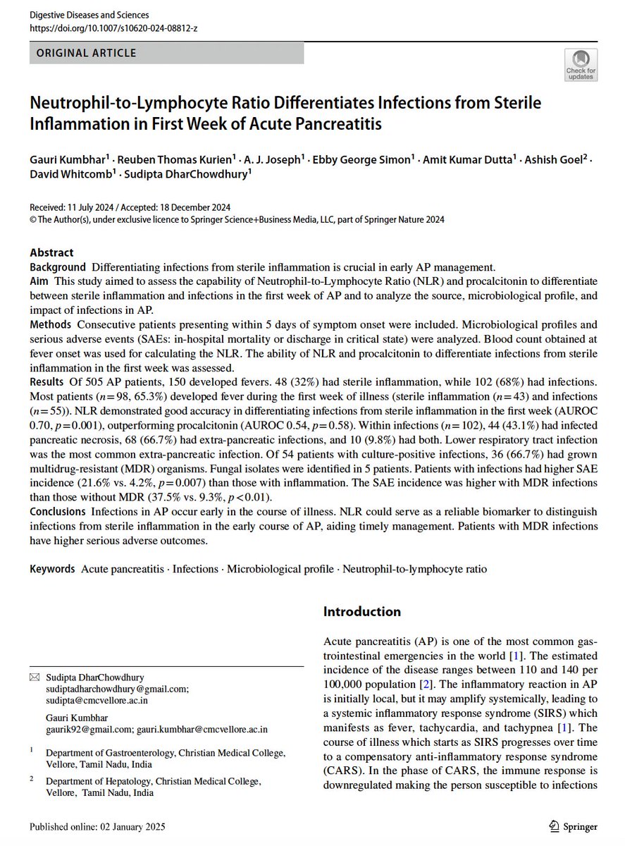 Gauri Kumbhar (@drgauri_k) on Twitter photo Happy to share our new study in <a href="/DDS_Journal/">Digestive Diseases and Sciences</a>!
"NLR differentiates infections from sterile inflammation in the first week of acute pancreatitis."
Grateful to my mentor <a href="/Sudipta20534/">Sudipta</a>, Prof <a href="/DavidCWhitcomb/">David C Whitcomb MD PhD</a>, <a href="/OffCMCVellore/">CMC Vellore (Official)</a>, and our patients.
doi.org/10.1007/s10620… Happy to share our new study in <a href="/DDS_Journal/">Digestive Diseases and Sciences</a>!
"NLR differentiates infections from sterile inflammation in the first week of acute pancreatitis."
Grateful to my mentor <a href="/Sudipta20534/">Sudipta</a>, Prof <a href="/DavidCWhitcomb/">David C Whitcomb MD PhD</a>, <a href="/OffCMCVellore/">CMC Vellore (Official)</a>, and our patients.
doi.org/10.1007/s10620…