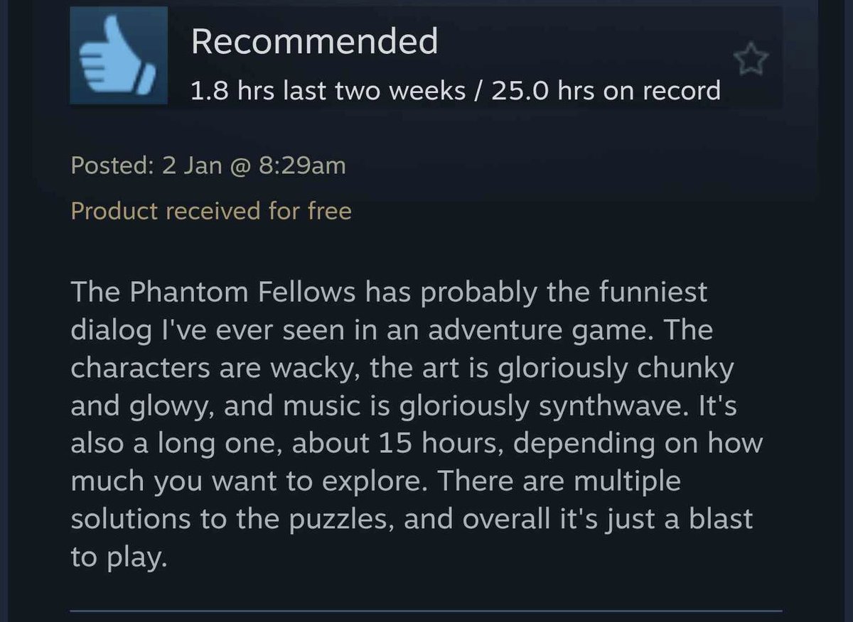 Nothing warms my lil dev heart like a good review. 

If you’ve played and enjoyed The Phantom Fellows, please consider leaving a review—I would appreciate the love and support dearly 🤍

Steam bit.ly/3BgR1Ga
GOG bit.ly/3MZoozF