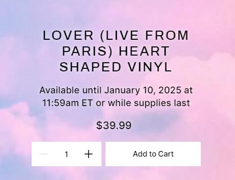 winterkomh's tweet photo. 🚨 O vinil do 'Lover (Live From Paris)' retornou para o site de Taylor Swift, as vendas irão ser encerradas dia 10 de janeiro.

Em 2018, Taylor Swift anunciou o clipe de End Game no dia 11 de janeiro... Será que vem aí? 🐍 https://t.co/9oW3XkTtGj