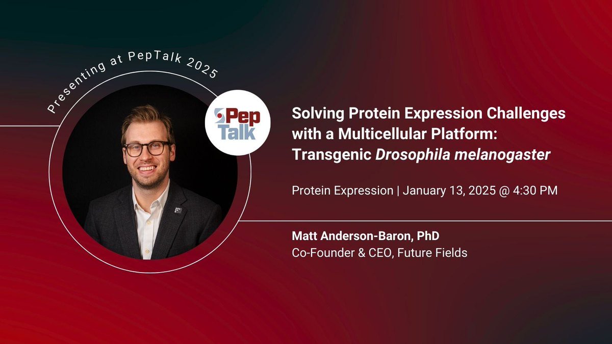 Happy new year! We're thrilled to be presenting at <a href="/CHI_Healthtech/">Cambridge Healthtech Institute</a>'s #PepTalk2025 in San Diego. Find us at the Protein Expression track on January 13, 2025 to learn more about how transgenic drosophila can solve expression challenges. 🪰