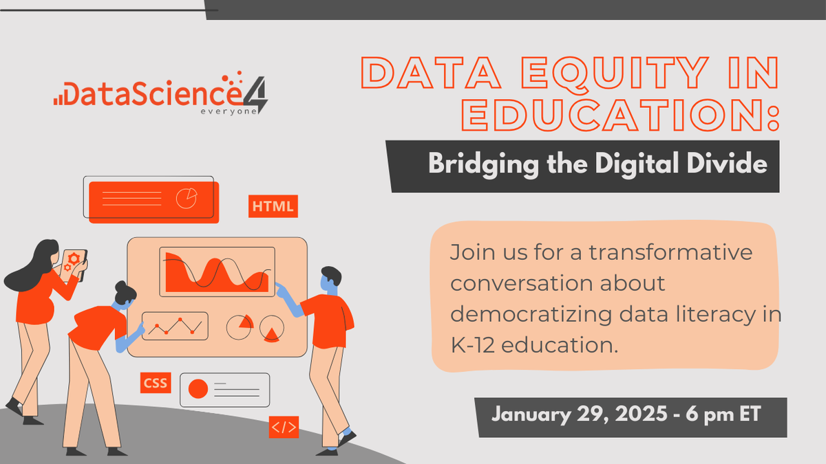 dsforeveryone's tweet image. Kick off 2025 with us at our first event of the year! Join us on Jan 29 at 6 PM ET for a powerful conversation on making data literacy accessible to all K-12 students, no matter their zip code.

🔗 Register: hubs.li/Q031j2w50

#DataEquity #EdTech #K12Education