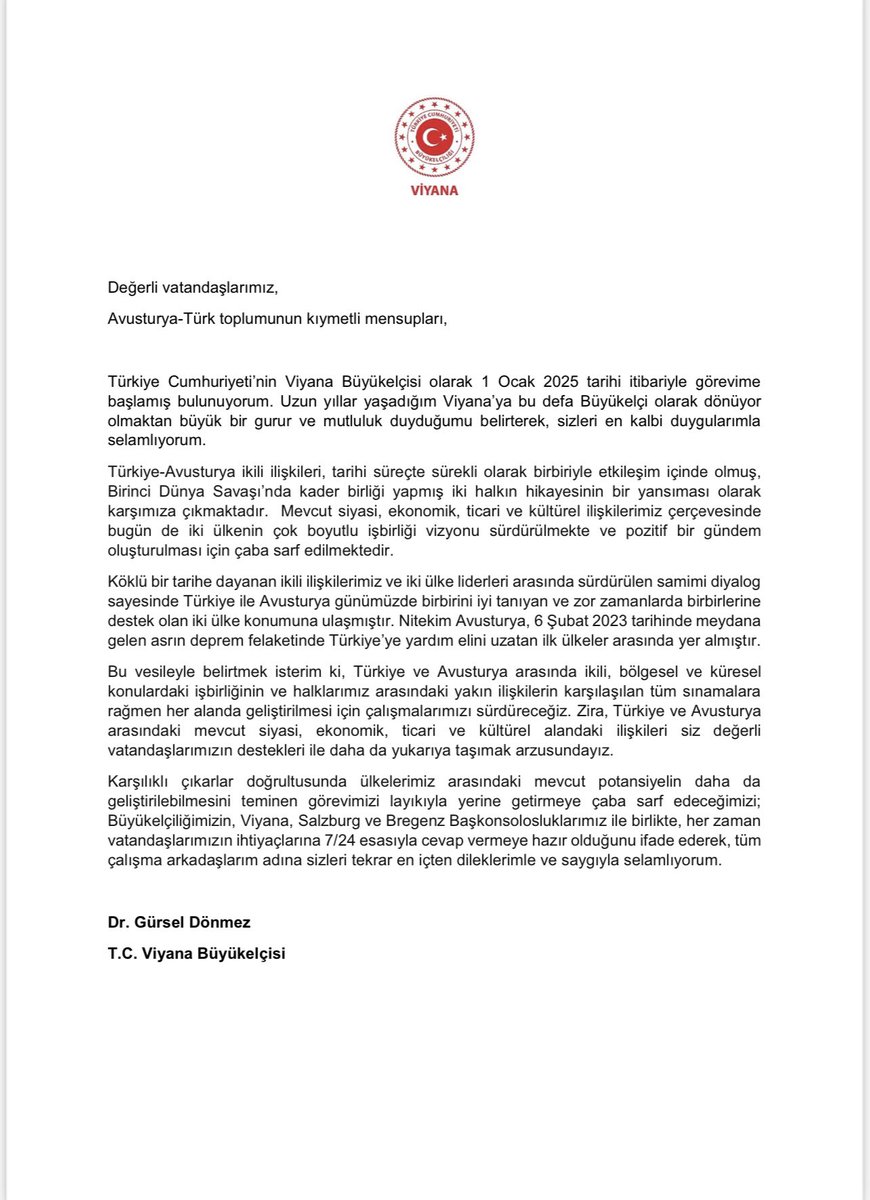 TC_ViyanaBE's tweet photo. T.C. VİYANA BÜYÜKELÇİSİ GÜRSEL DÖNMEZ’İN GÖREVİNE BAŞLAMASI VESİLESİYLE YAYINLADIKLARI MESAJ https://t.co/4Peo7t7nP4