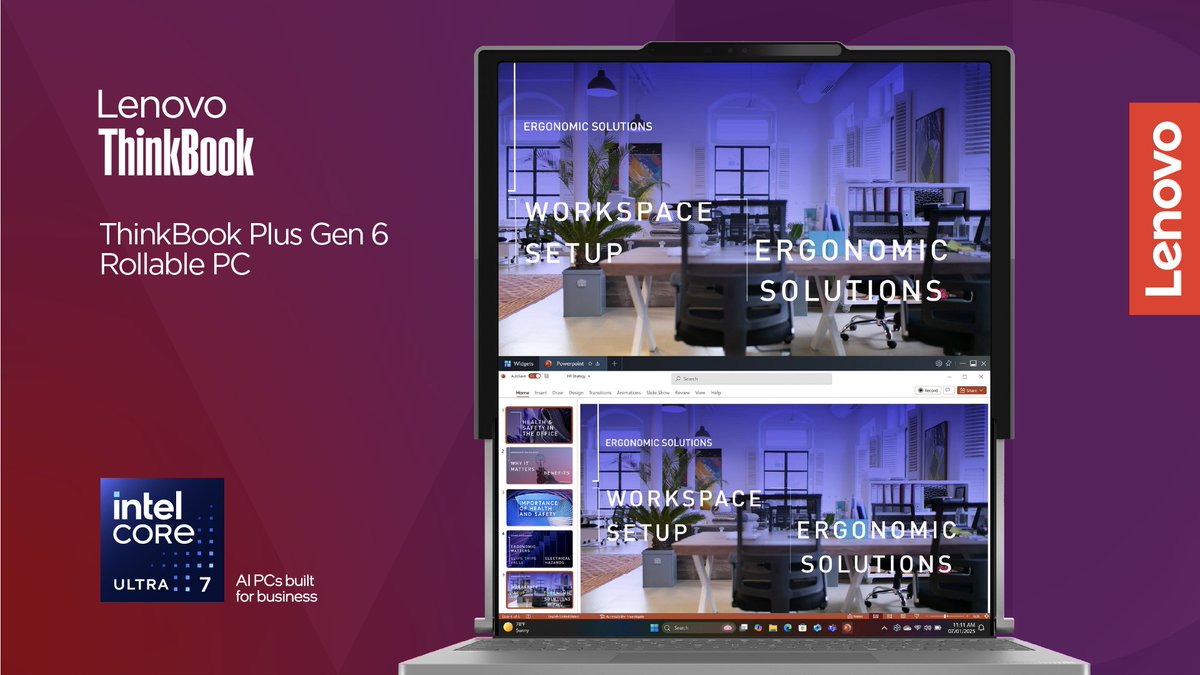 Extend your productivity with the Lenovo ThinkBook Plus Gen 6 Rollable PC, featuring an industry first expanding rollable screen! Powered by Intel Core Ultra processors – AI PCs built for business.

Learn more: lenovo.com/CES | #LenovoCES #WeAreLenovo