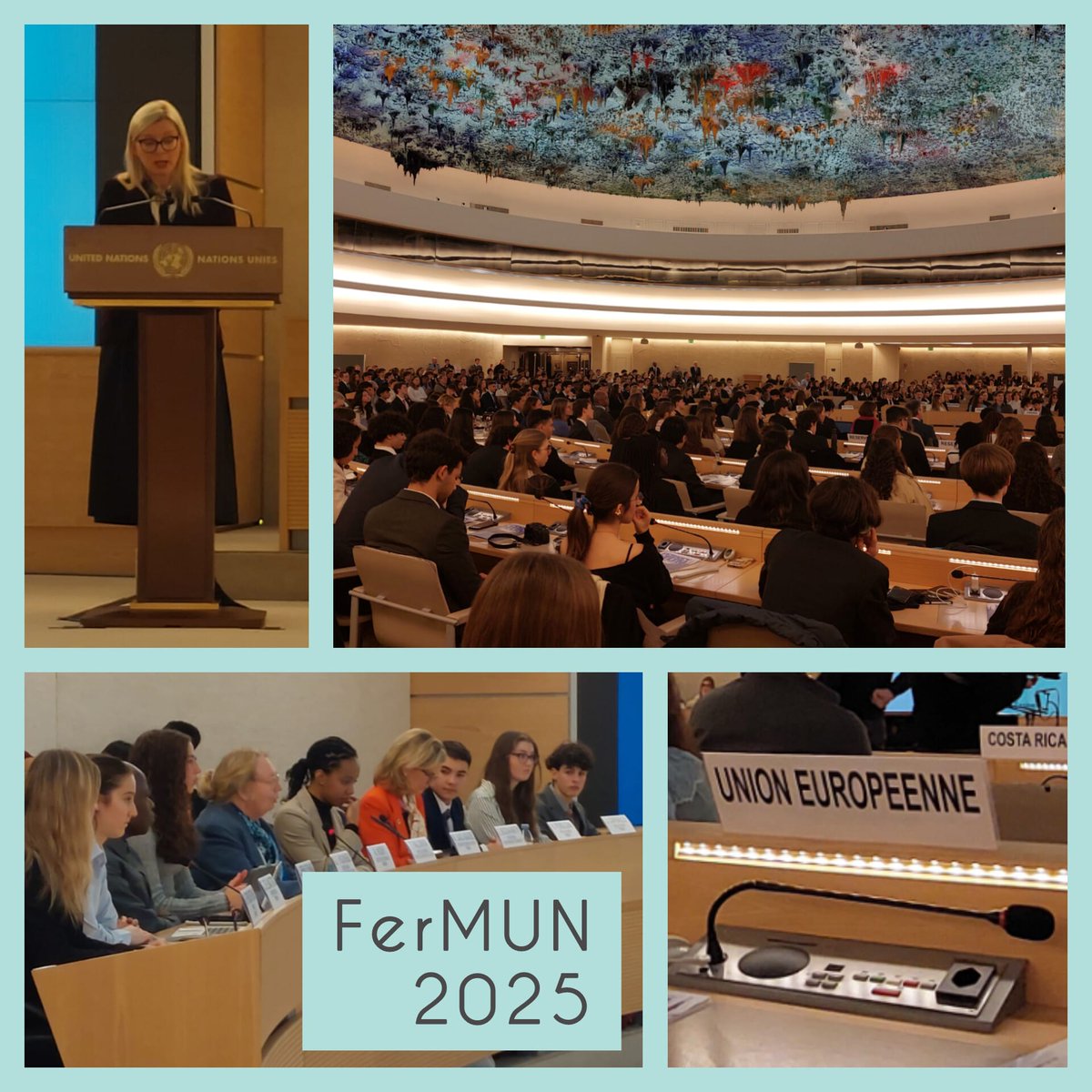 EU_UNGeneva's tweet photo. The EU is proud to support the 15th edition of #FerMUN, which opened today at the Palais des Nations and brings the UN closer to the youth! Over 500 participants from 18 countries are stepping into diplomats' shoes to debate #LabourRights at @ILO. 💬🌍💼 #MultilateralismMatters https://t.co/YeNgXOHumO