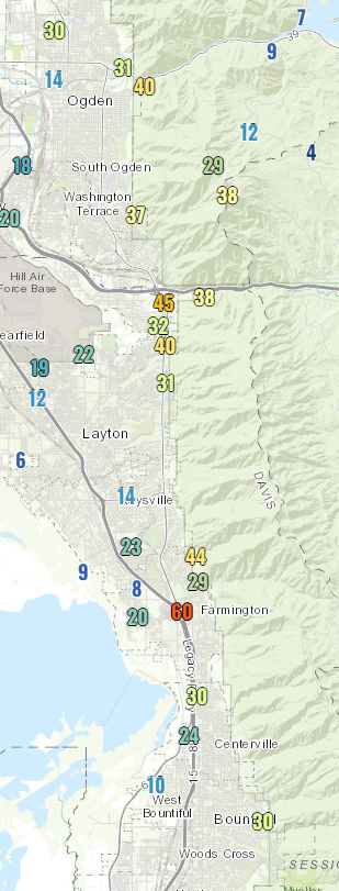Downsloping winds are starting to ramp up across Weber and Davis counties near the base of the mountains. The notoriously gusty Park Lane in Farmington just gusted to 60 mph. These winds will continue through the remainder of the day and into the evening. #utwx