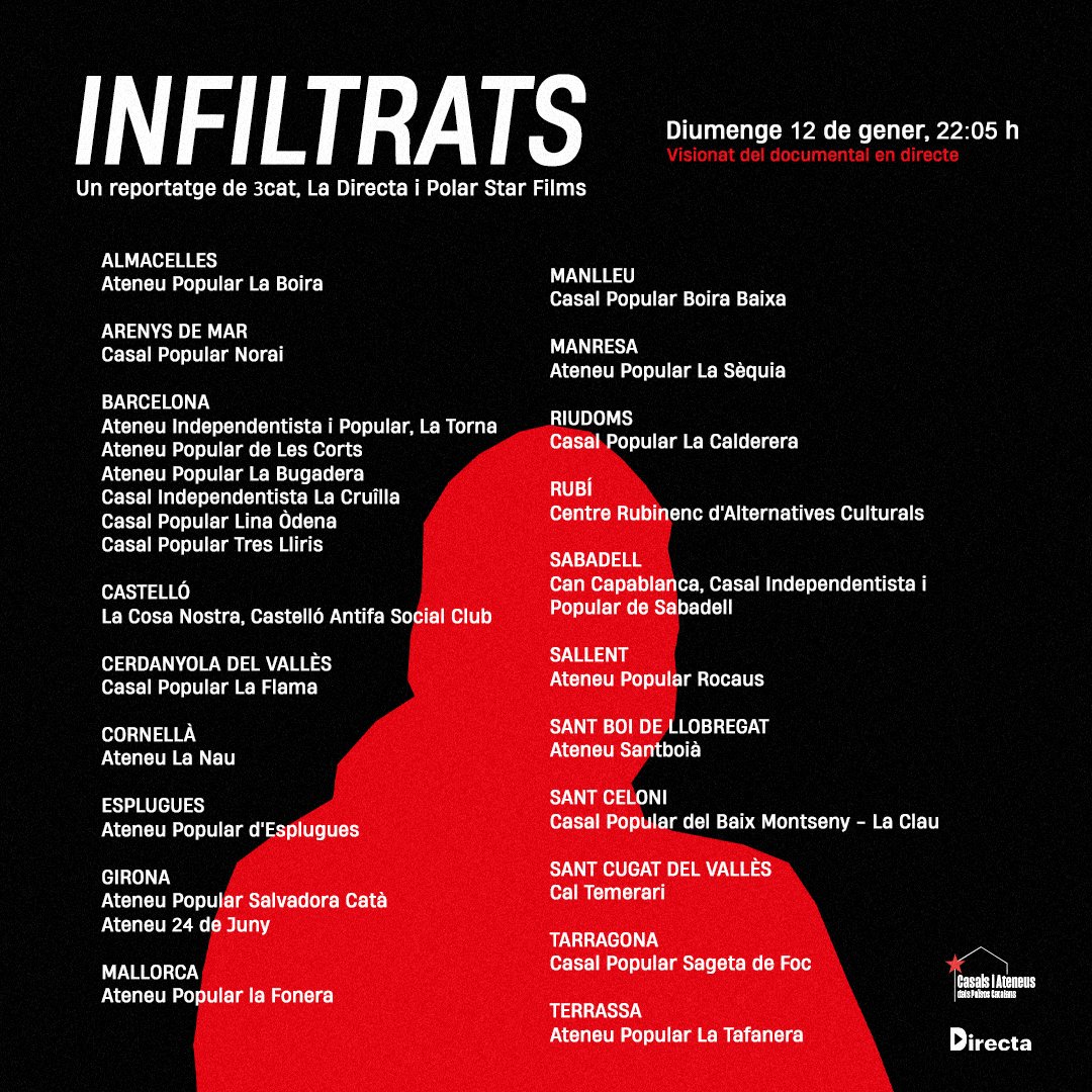 AMB L'ESTAT ESPANYOL NO TENIM FUTUR‼️

Aquest diumenge més de 2️⃣0️⃣ casals i ateneus d'arreu dels Països Catalans es sumaran a la difusió massiva del reportatge de  <a href="/La_Directa/">Directa</a> 🎥

Vés al casal més pròxim per veure el documental #Infiltrats3Cat a <a href="/som3cat/">3Cat</a>