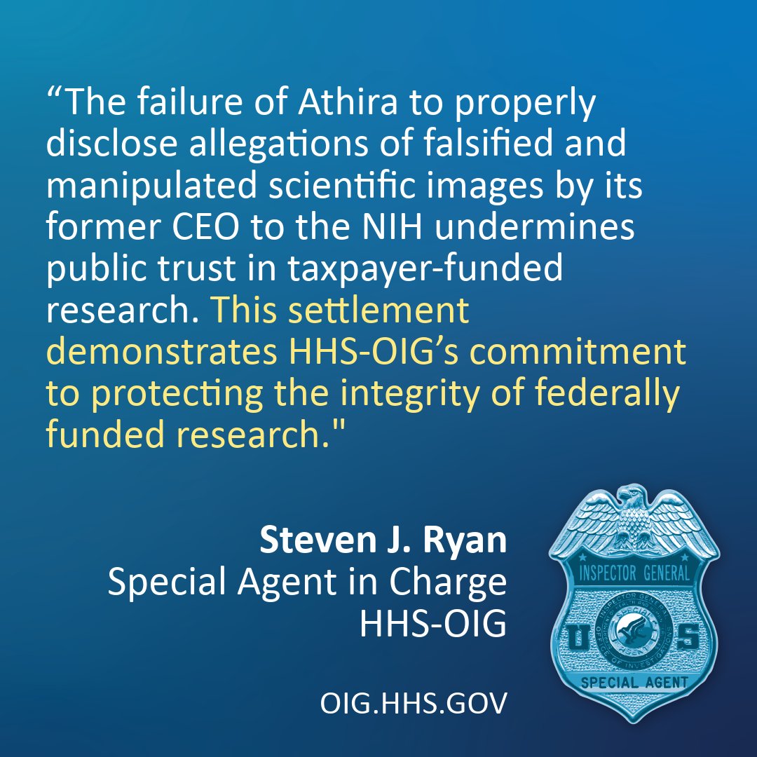 Athira Pharma Inc. agreed to pay $4M to resolve allegations it violated the False Claims Act by failing to report research misconduct in grant applications &amp; progress reports to the National Institutes of Health and the HHS's Office of Research Integrity. direc.to/fkhd