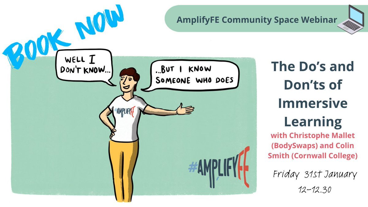 AmplifyFE Community of Practice (@amplifyfe) on Twitter photo Book now for the first #AmplifyFE webinar of 2025! Join Christophe Mallet @BodySwaps_VR & Colin Smith <a href="/CornwallCollege/">Cornwall College</a> for 'The Do's and Don'ts of Immersive
Learning' on Friday 31January from 12-12:30. Free to book, all welcome! buff.ly/4iswdwo #FurtherEducation #LoveFE Book now for the first #AmplifyFE webinar of 2025! Join Christophe Mallet @BodySwaps_VR & Colin Smith <a href="/CornwallCollege/">Cornwall College</a> for 'The Do's and Don'ts of Immersive
Learning' on Friday 31January from 12-12:30. Free to book, all welcome! buff.ly/4iswdwo #FurtherEducation #LoveFE