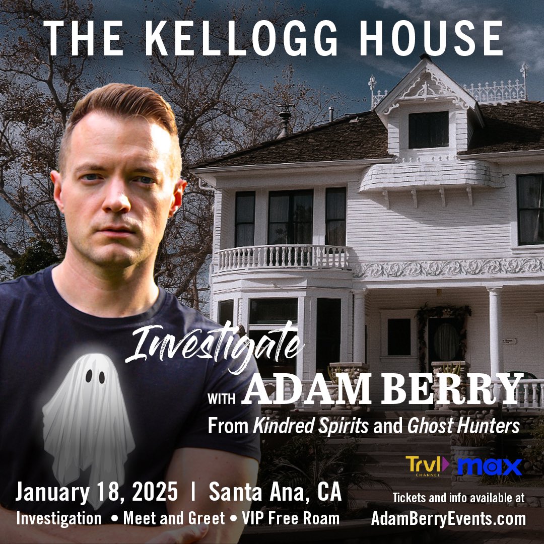 AdamJBerry's tweet photo. The count down to my event at the Kellogg House in Santa Ana California begins now! Join me on Saturday January 18th for an incredible, interactive, paranormal investigation. There will be a meet and greet, Q&amp;A, &amp; an actual investigation. tix and info at https://t.co/QFhubfUp0M https://t.co/sQ9Ga1iAYZ