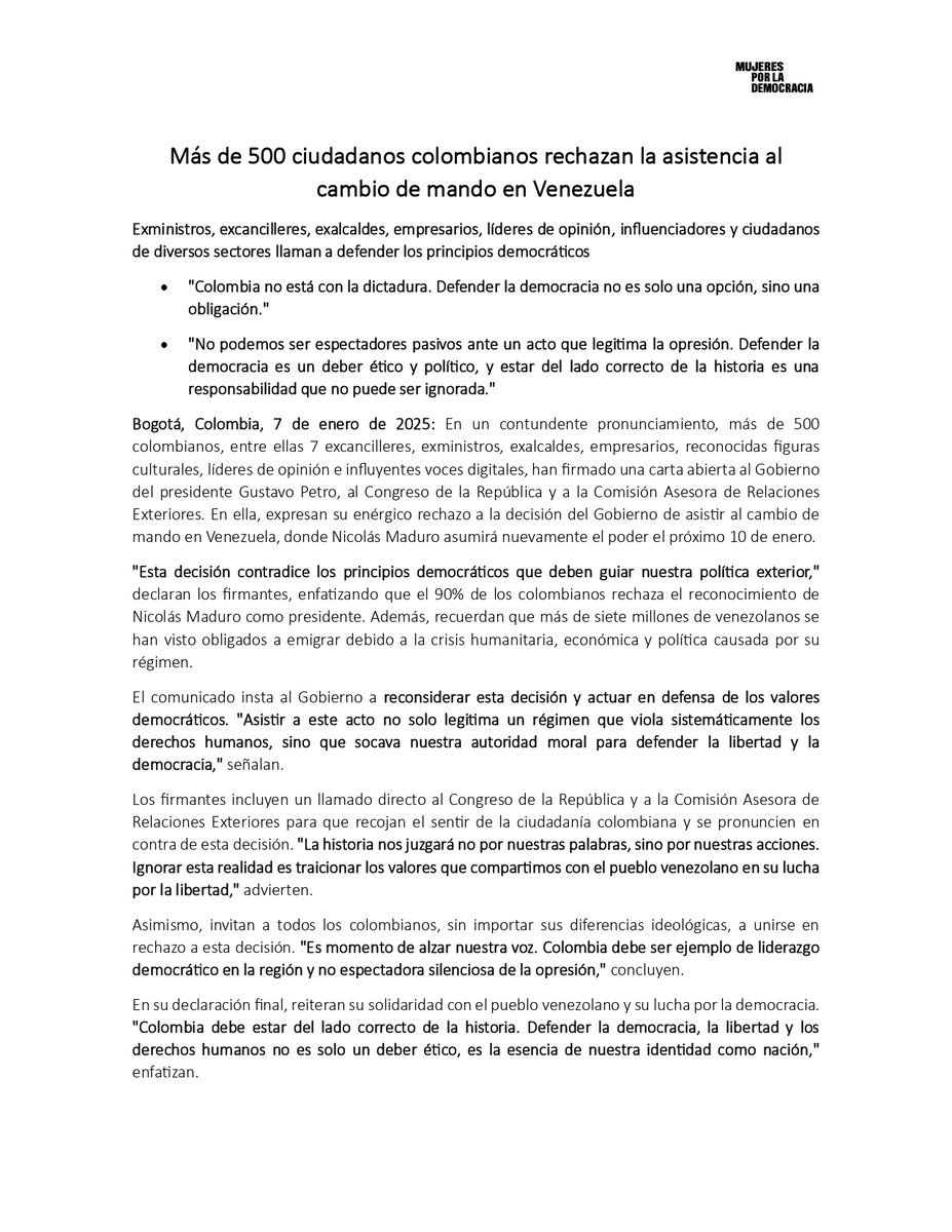 #Noticia | Más de 500 personas, incluidos excancilleres, exalcaldes, empresarios, líderes de opinión y ciudadanos firmaron una carta abierta al presidente Gustavo Petro rechazando la asistencia de Colombia a la posesión de Nicolás Maduro.