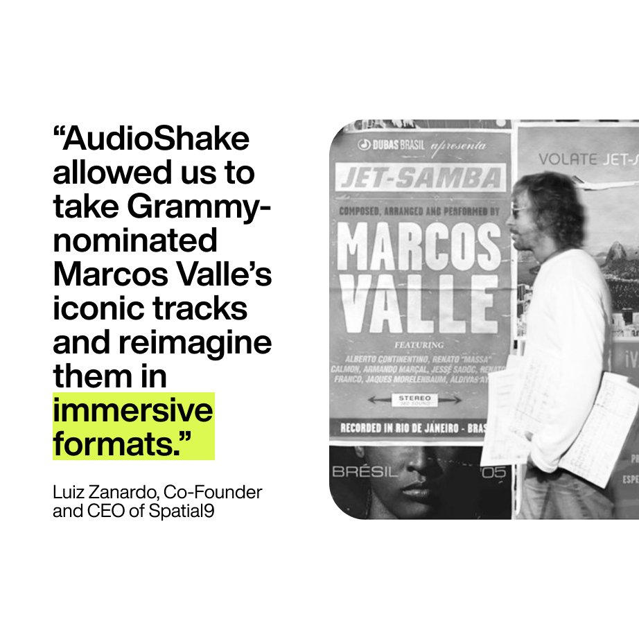 AudioShakeAI's tweet photo. How do you bring legendary tracks into the future of immersive audio? #EclipsaAudio—a new format from @SamsungUS and  @Google—is here, and@Spatial9AI used@AudioShakeAI to transform Marcos Valle’s iconic tracks for this cutting-edge format. 🔗 https://t.co/J273ziBtGI https://t.co/B2OVM1r0Fp