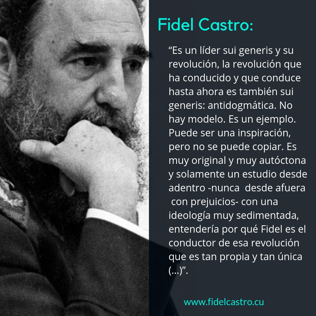 ✍️La periodista brasileña Claudia Furiati en el 2007 acerca de #Fidel expresa:  “Es un líder sui generis y su revolución, la revolución que ha conducido y que conduce hasta ahora es también sui generis: antidogmática. No hay modelo. Es un ejemplo.”

👉bit.ly/2CZ3cIU