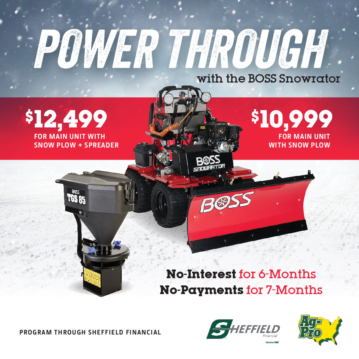 Visit Ag Pro London for all your Boss equipment needs! Own a Snowrator for $10,999 or upgrade with a salt spreader for $12,499! Hurry, we're here until 5PM! #AgPro #BossEquipment